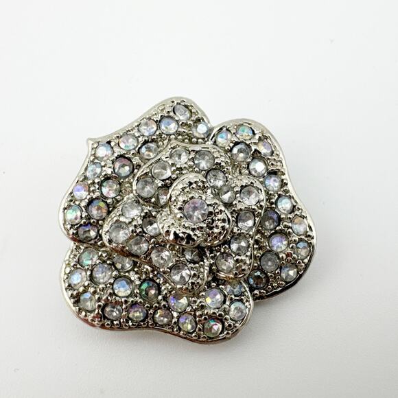 Vintage Silver Rose Brooch Aurora Borealis Rhinestone Flower Pin - Picture 6 of 7